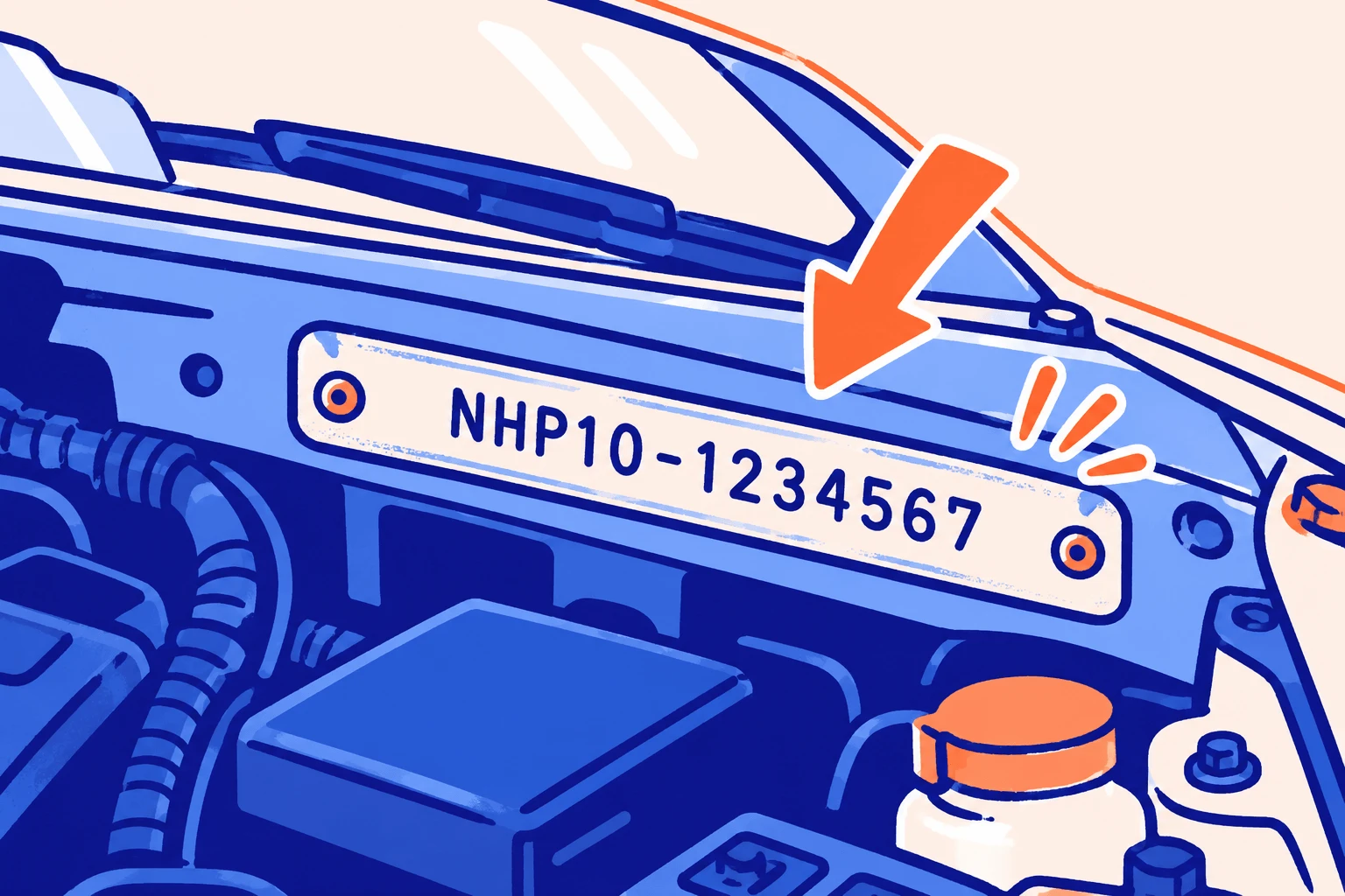 Engine bay of a Japanese car with an arrow pointing to the frame number plate reading NHP10-1234567