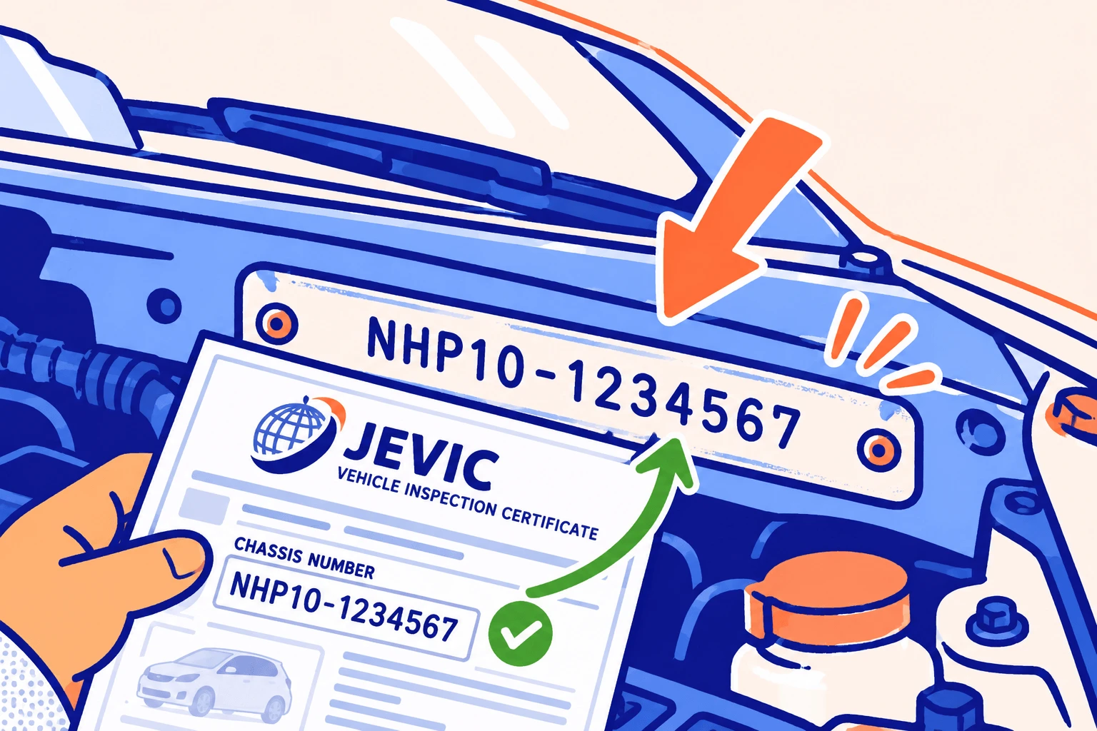 A JEVIC certificate held next to the engine-bay plate, with an arrow showing that both chassis numbers match